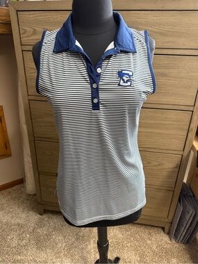 Creighton Striped Navy & White Sleeveless Polo Top with Embroidered Crest